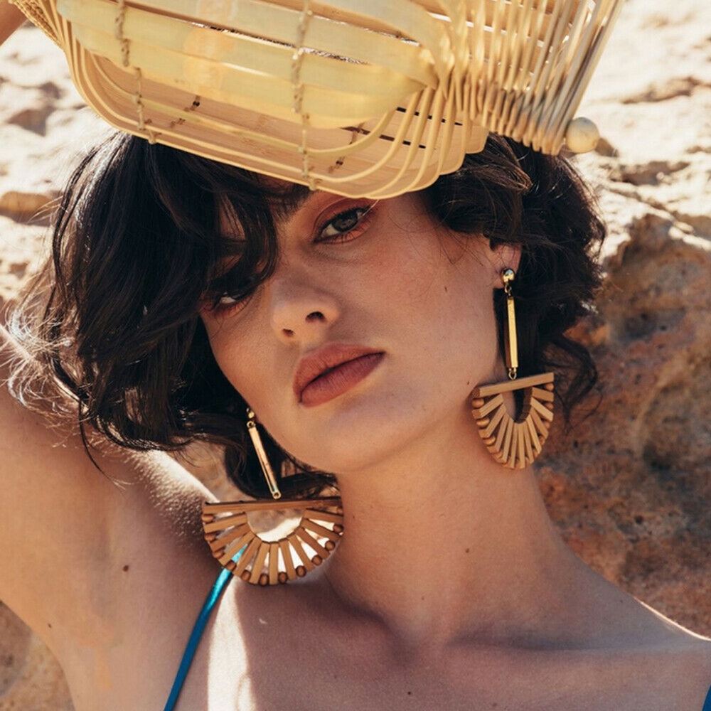 Half Moon Wooden Beaded Gold Bar Drop Earrings - Picture 2 of 8